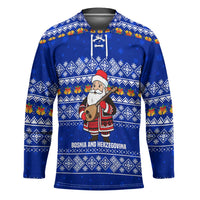 Bosnia and Herzegovina Christmas Hockey Jersey with Santa Playing Traditional Instrument and Blue Snowflake Pattern - Shopicos