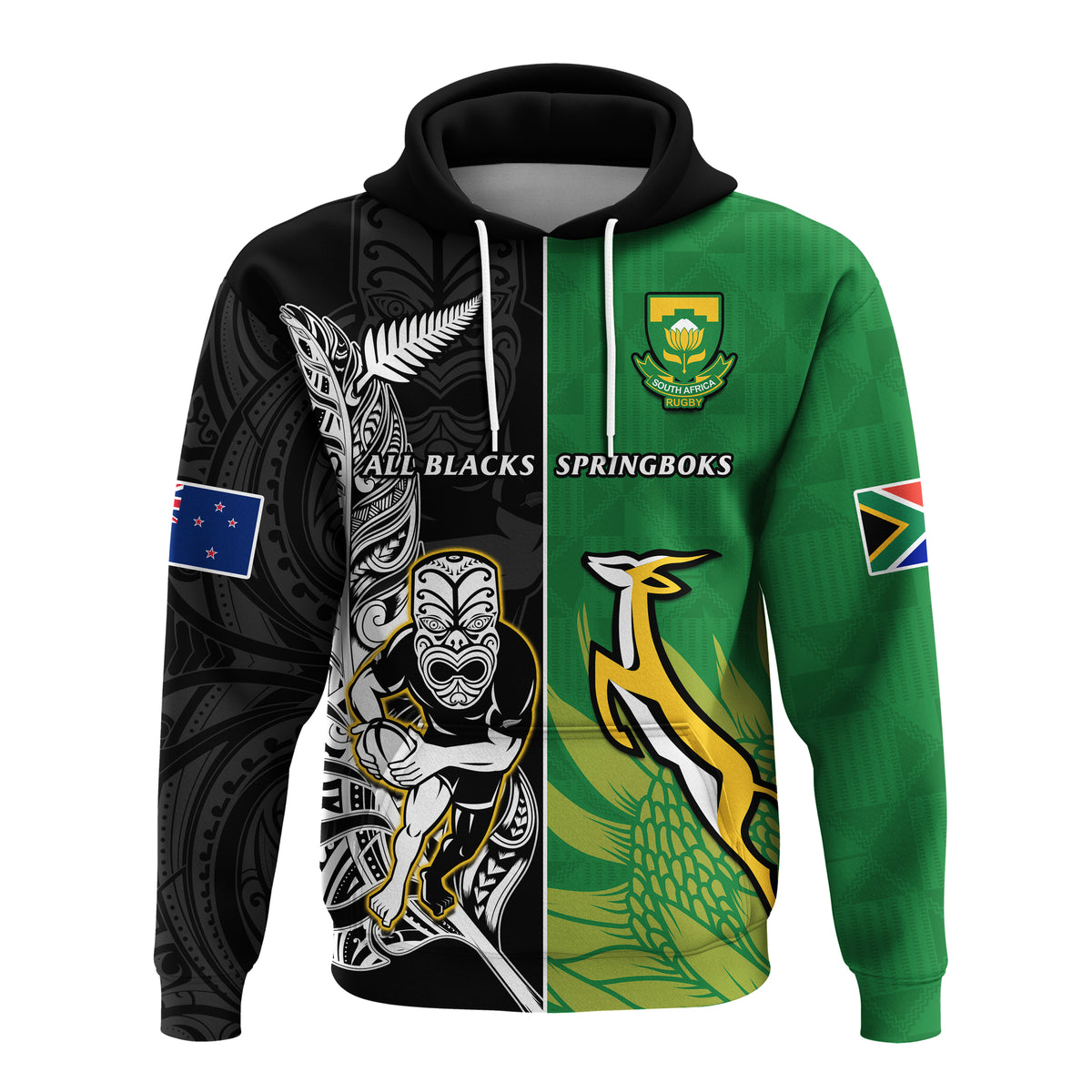 Custom New Zealand And South Africa Rugby Hoodie All Black Maori Mix Springboks - Shopicos
