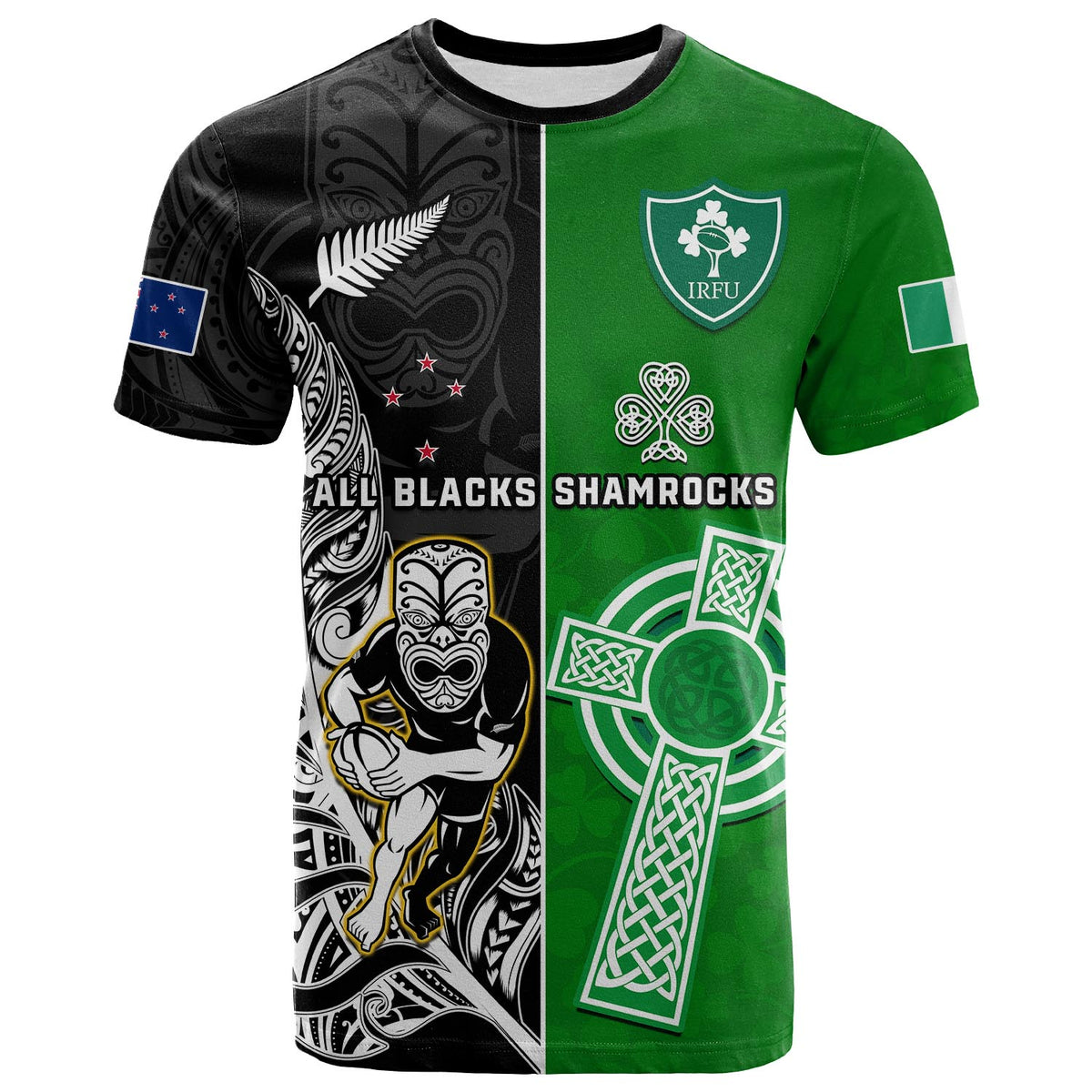 Custom New Zealand And Ireland Rugby T Shirt All Black Maori Mix Shamrocks - Shopicos