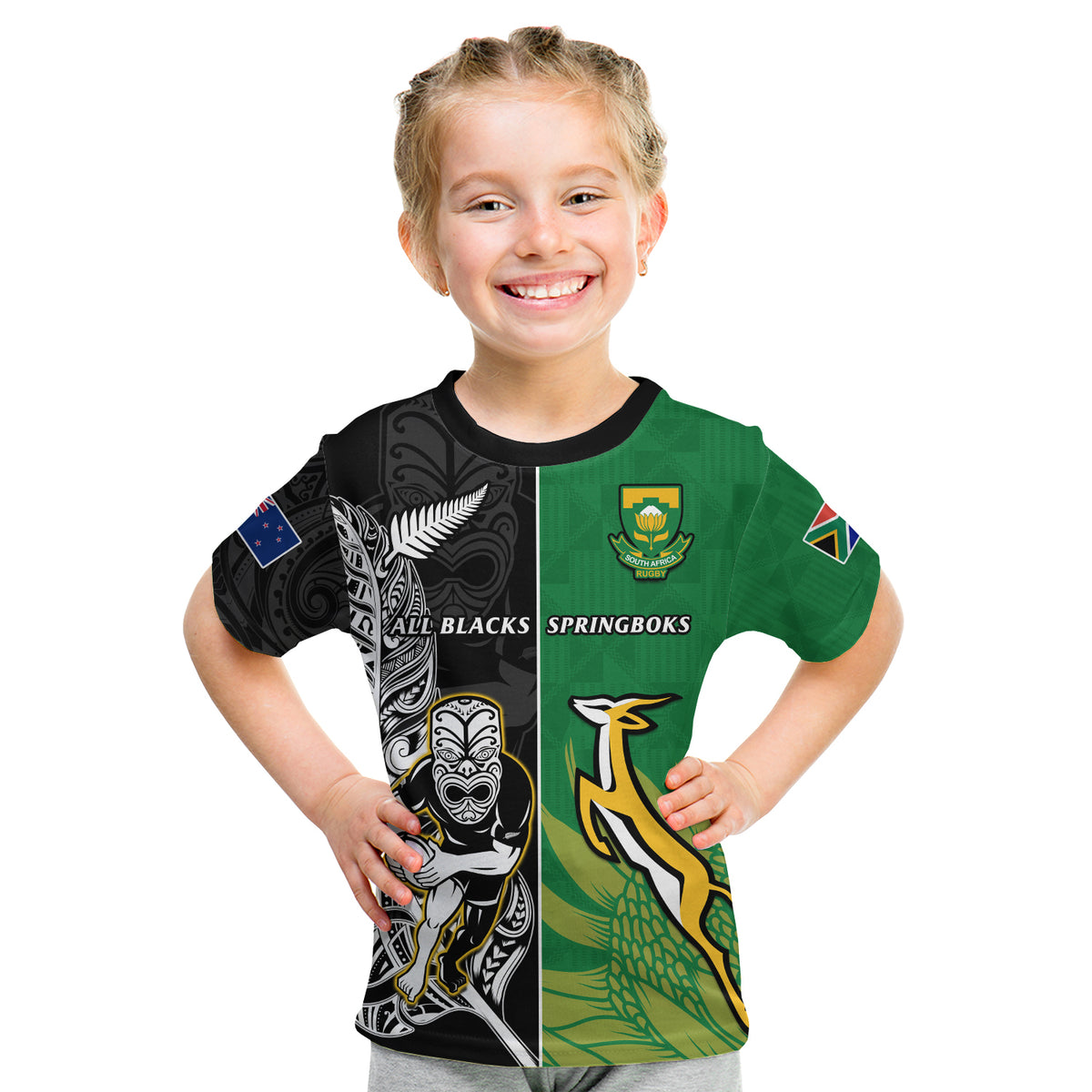 Custom Personalised New Zealand And South Africa Rugby T Shirt KID All Black Maori Mix Springboks - Shopicos