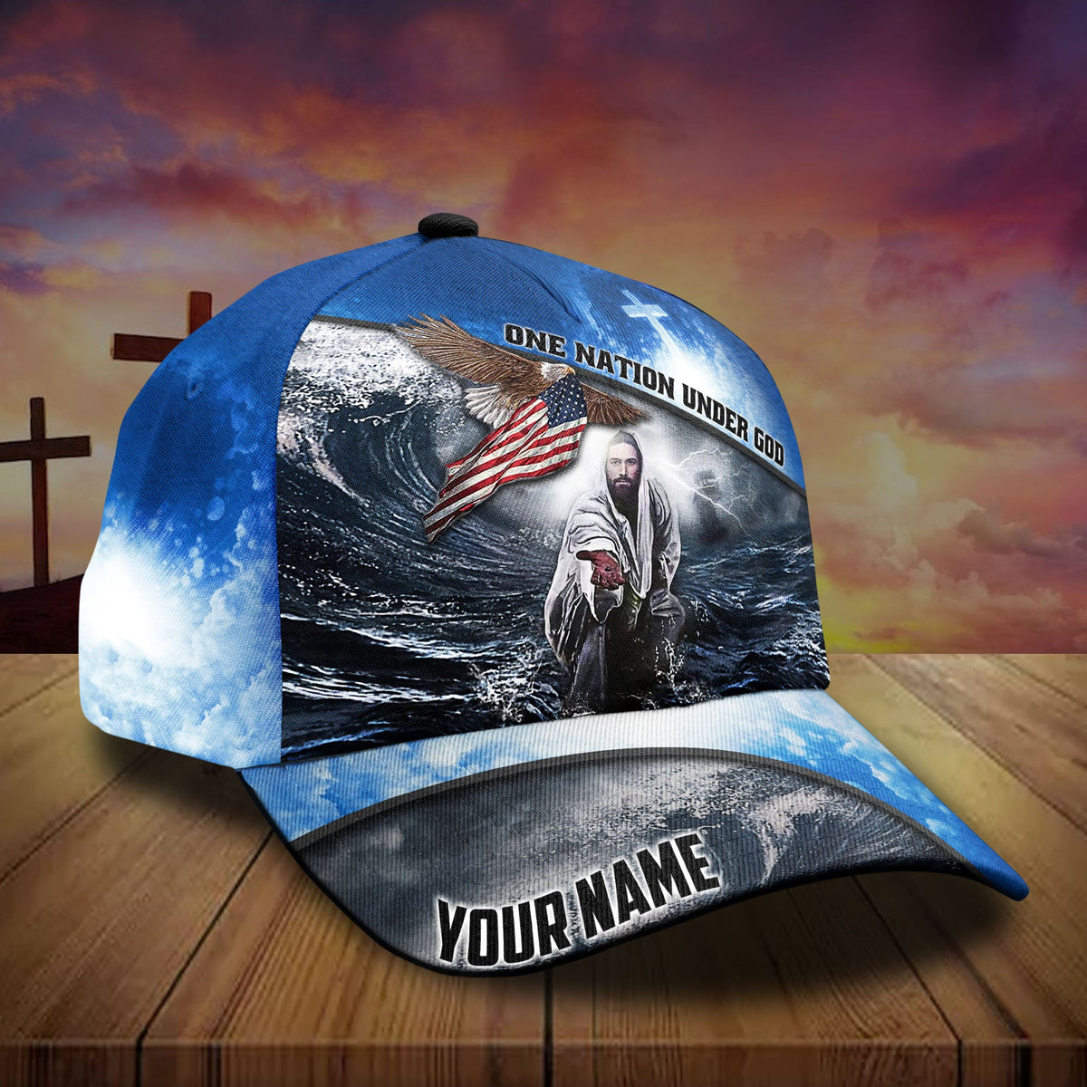 Premium One Nation Under God, America Eagle 3D Blue Hats Personalized
