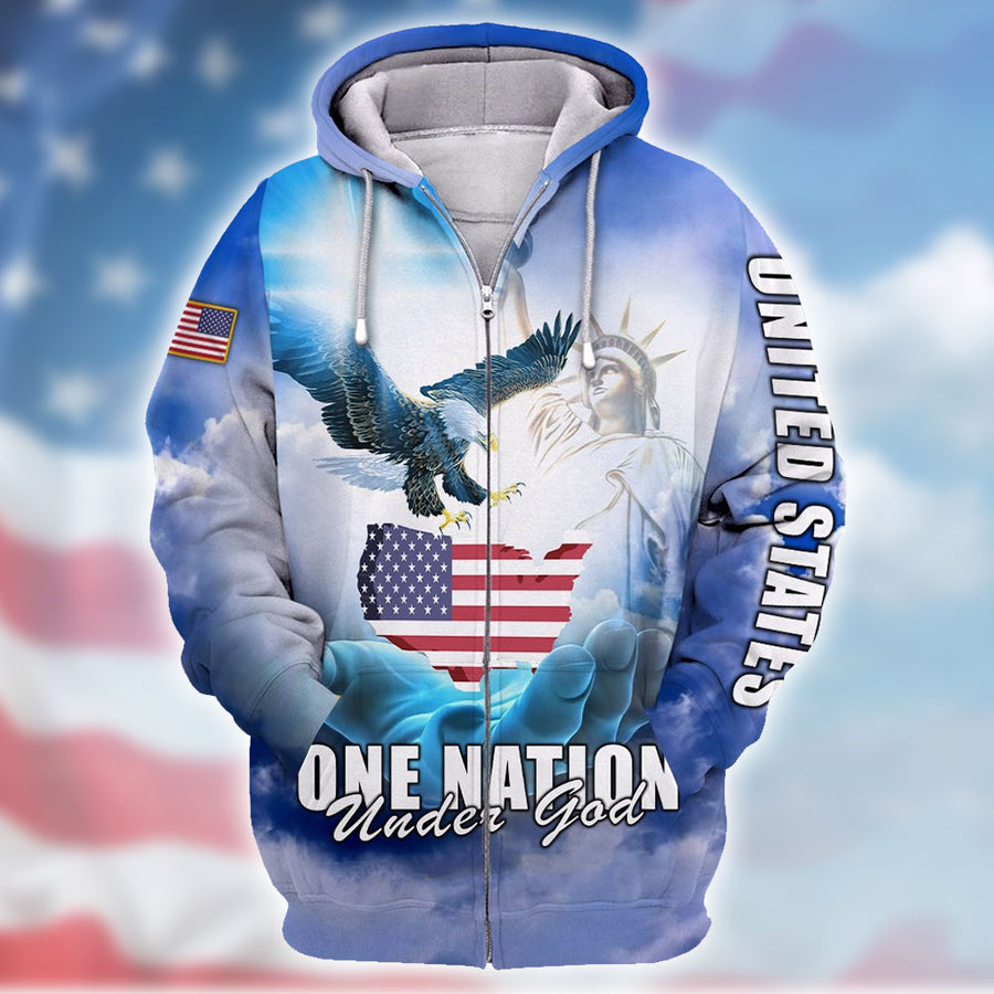 Awesome One Nation Under God American Eagle & Statue Of Liberty 3D Printed Zip Hoodie - Shopicos