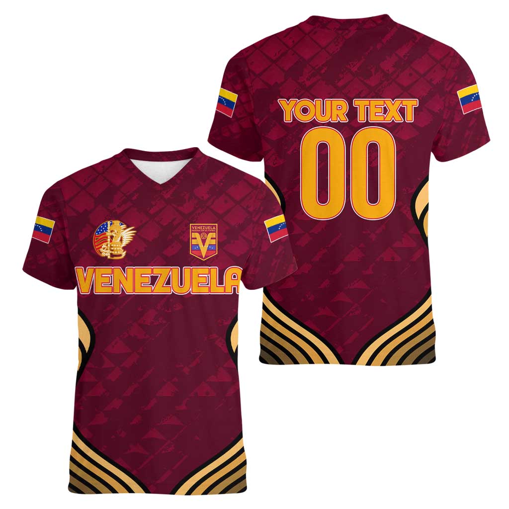 Custom Venezuela Football 2024 Women V-Neck T-Shirt The Red Wine - Shopicos