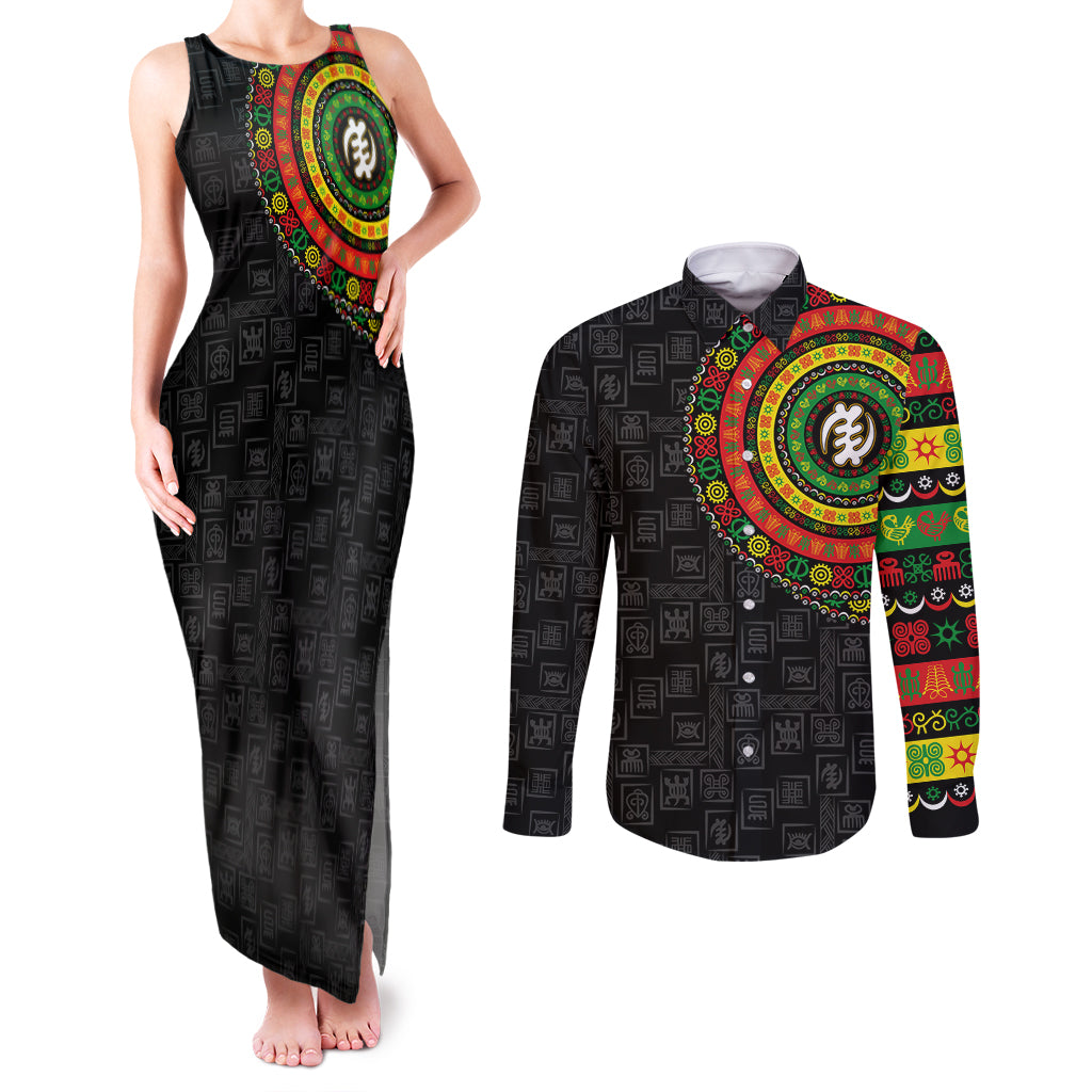 Adinkra Symbols Couples Matching Tank Maxi Dress and Long Sleeve Button Shirts African Culture - Shopicos