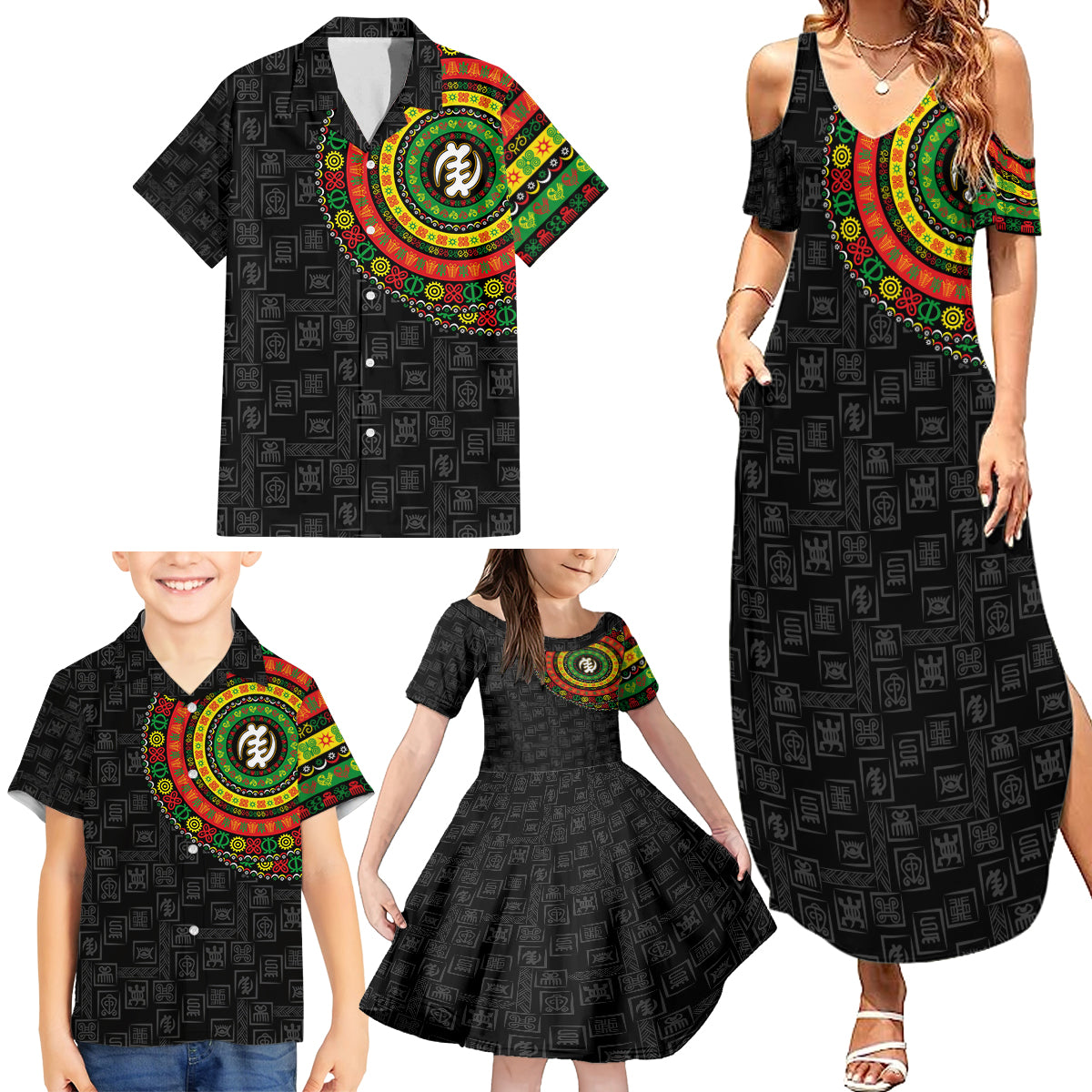 Adinkra Symbols Family Matching Summer Maxi Dress and Hawaiian Shirt African Culture - Shopicos