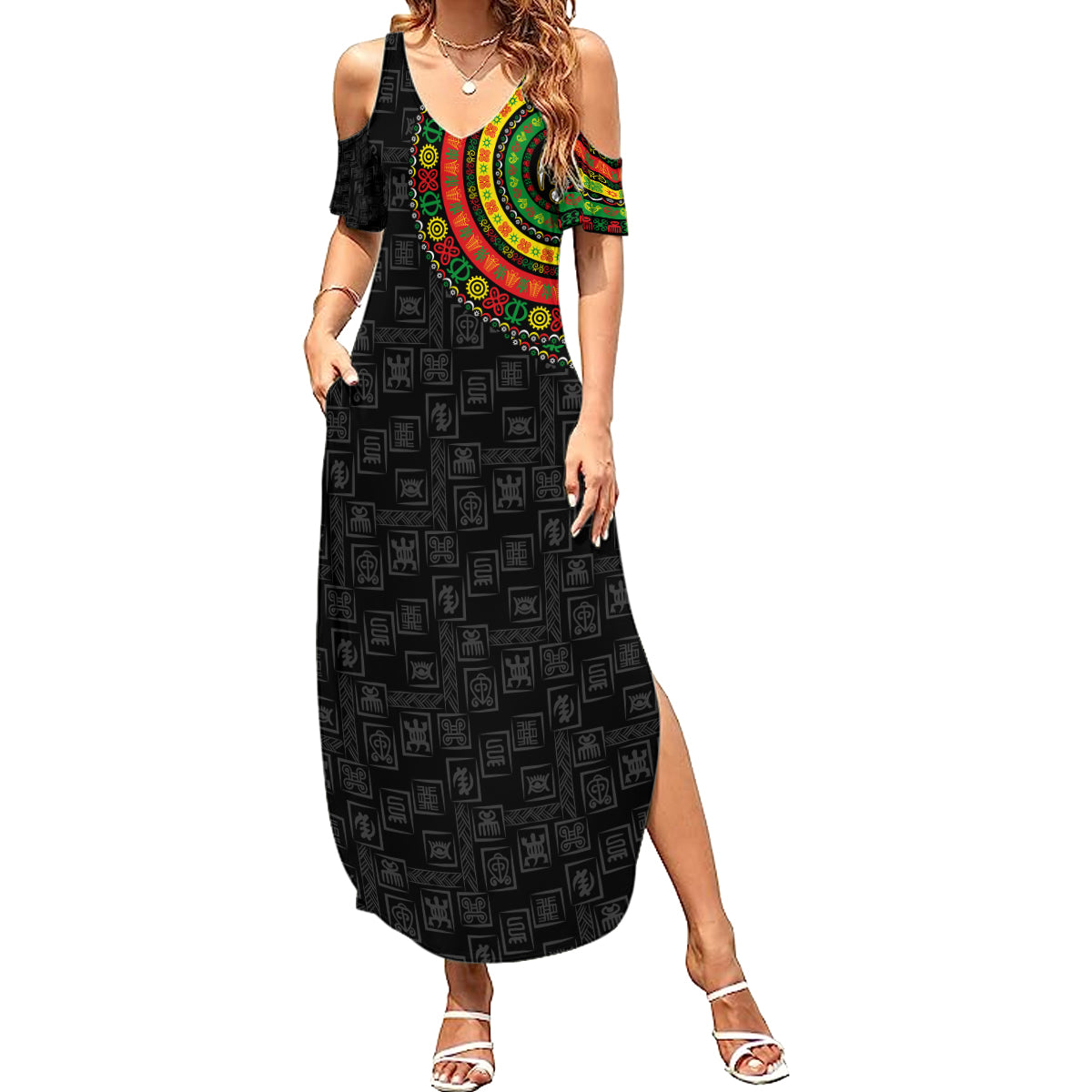 Adinkra Symbols Family Matching Summer Maxi Dress and Hawaiian Shirt African Culture - Shopicos
