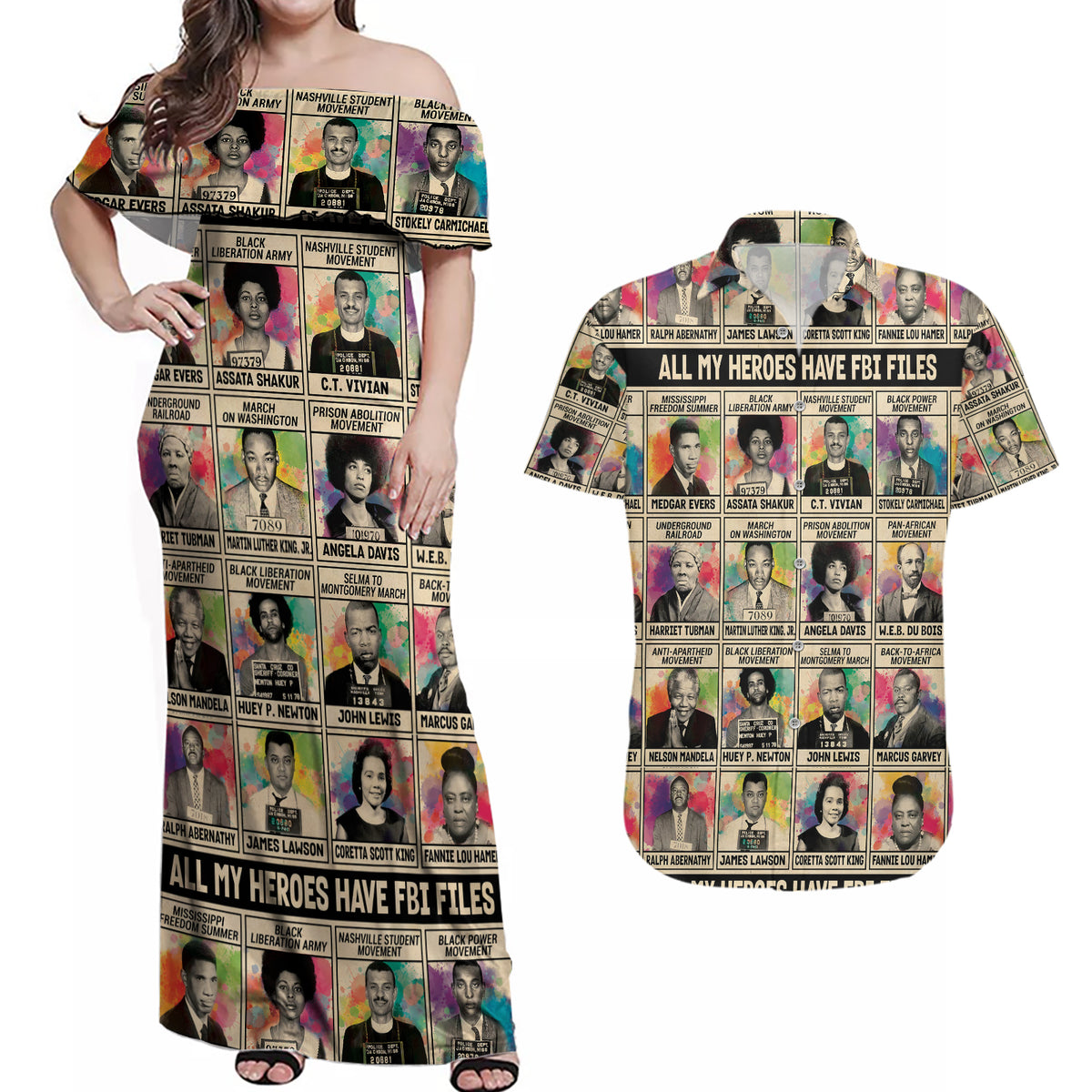 All My Heroes Have FBI Files Couples Matching Off Shoulder Maxi Dress and Hawaiian Shirt Civil Rights Leaders - Shopicos