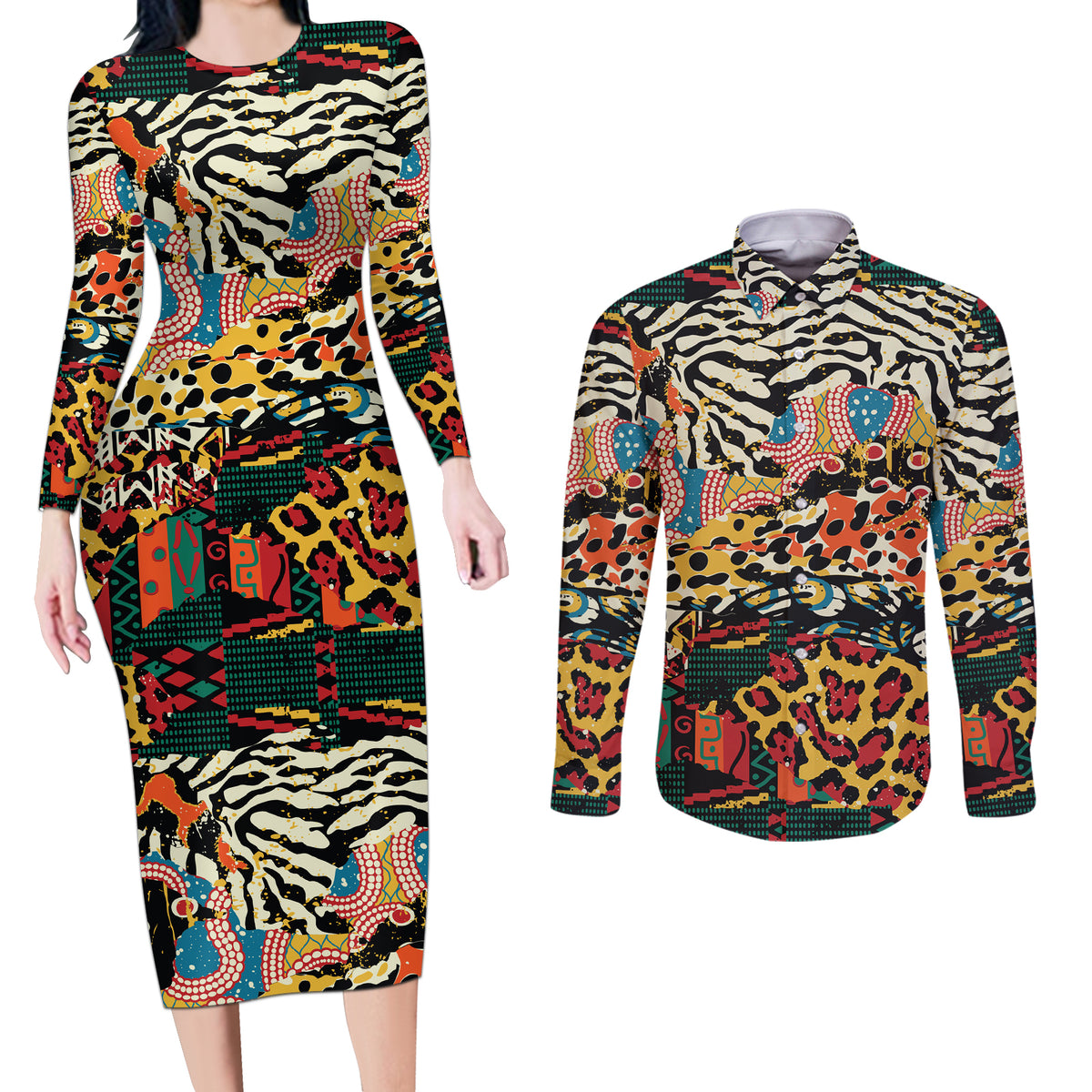 Africa Animal Pattern Couples Matching Long Sleeve Bodycon Dress and Long Sleeve Button Shirt - Shopicos