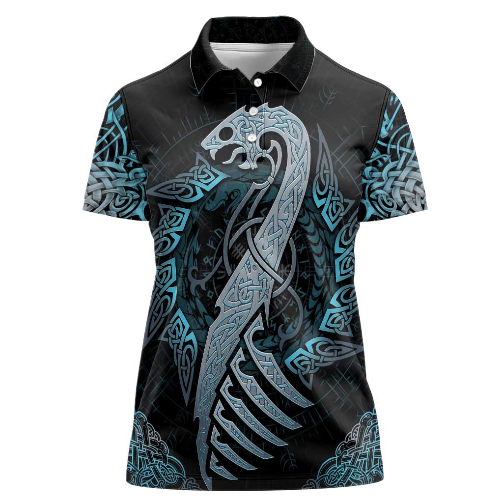 Dragon Viking With Runes Women Polo Shirt Blue Black - Shopicos