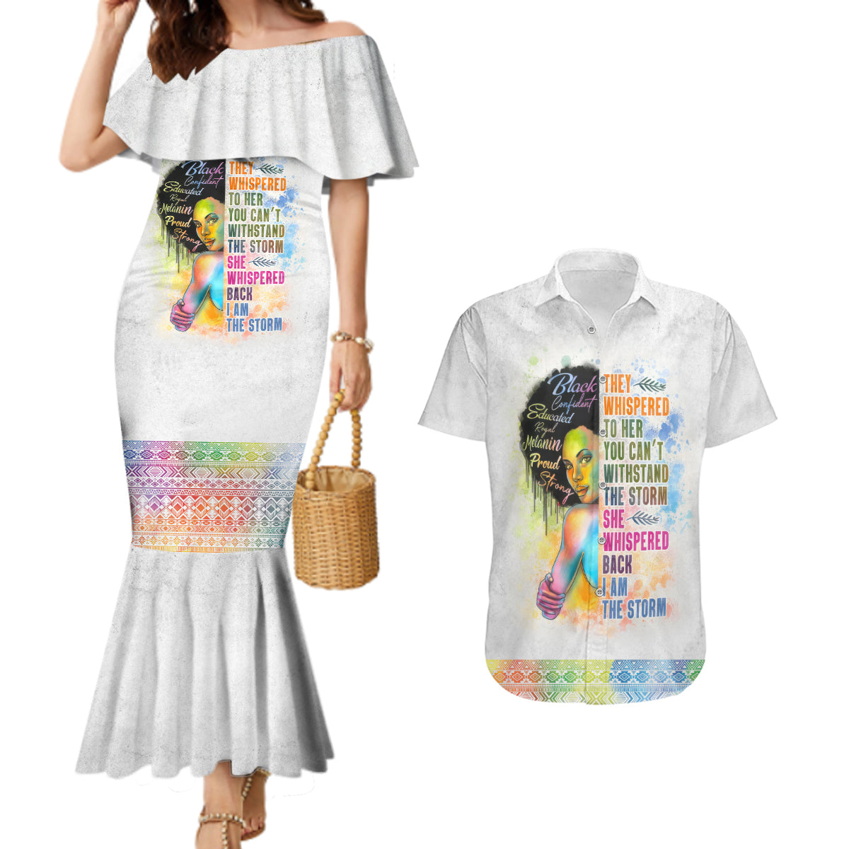 Black Girl I Am The Storm Couples Matching Mermaid Dress and Hawaiian Shirt African American Women - Shopicos