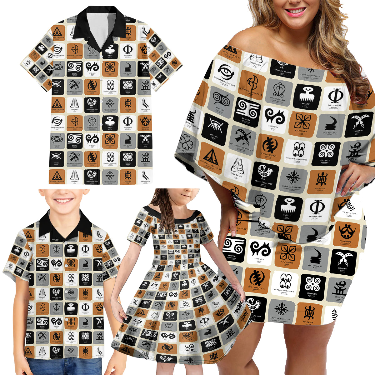 Adinkra Symbols Fashion Family Matching Off Shoulder Short Dress and Hawaiian Shirt - Shopicos
