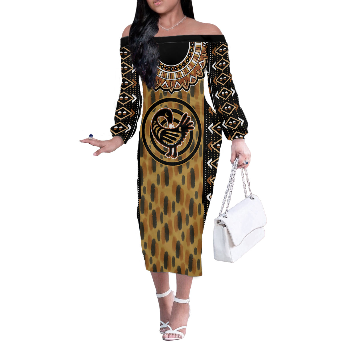 Printed Mud Cloth and Adinkra Symbol Off The Shoulder Long Sleeve Dress - Shopicos