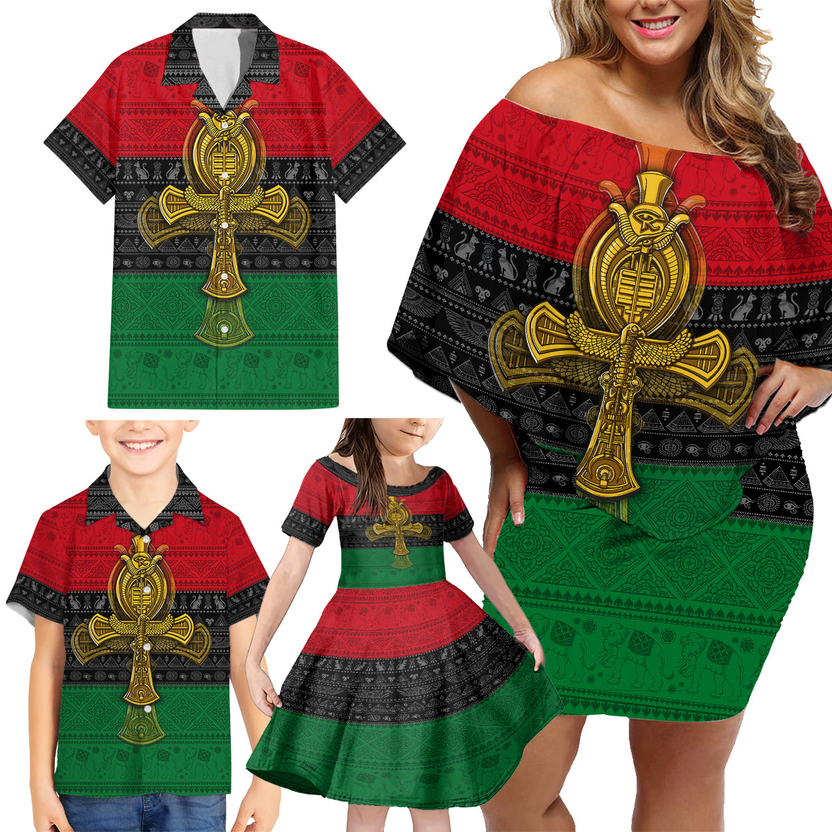 Pan African Ankh Family Matching Off Shoulder Short Dress and Hawaiian Shirt - Shopicos