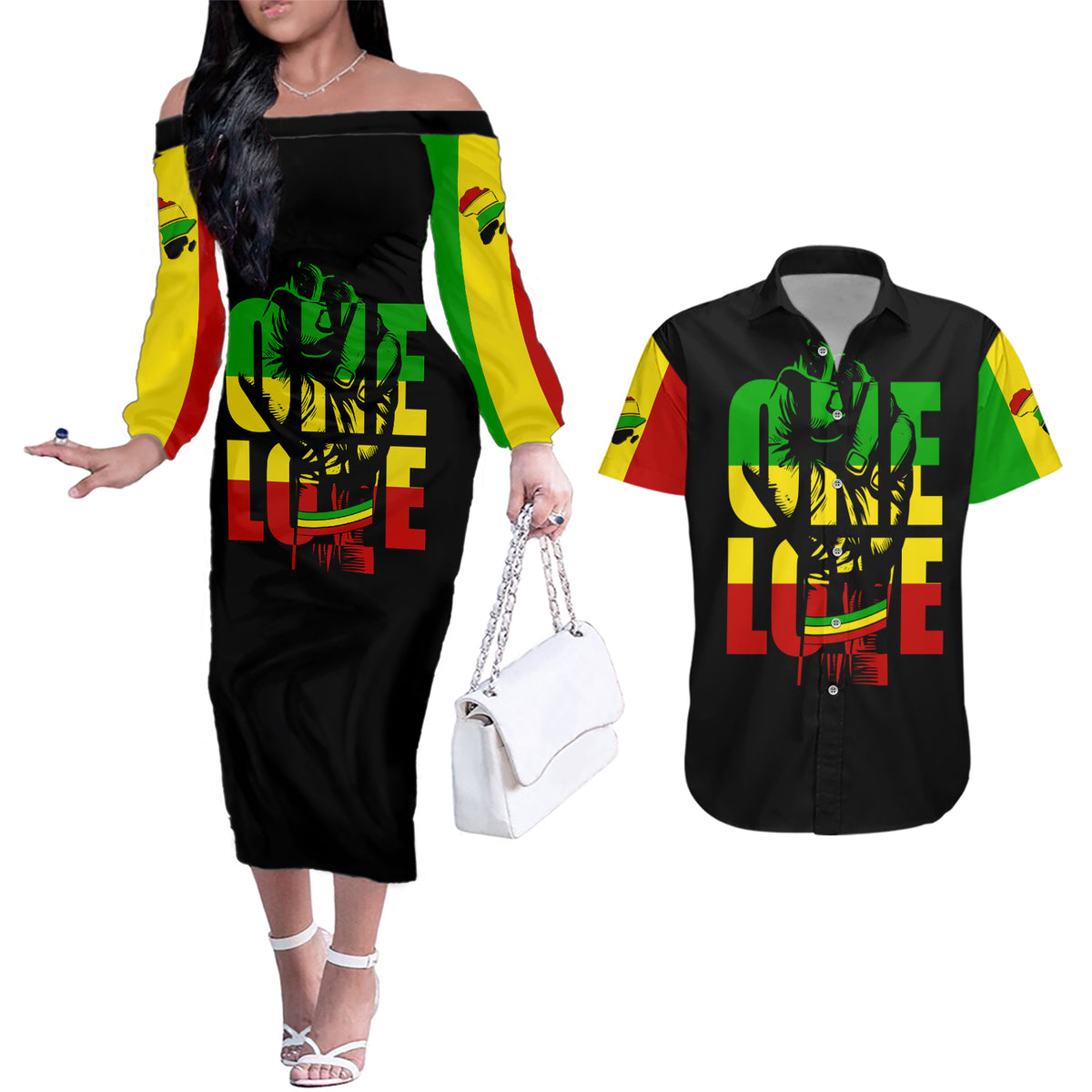 Reggae One Love Couples Matching Off The Shoulder Long Sleeve Dress and Hawaiian Shirt African - Shopicos