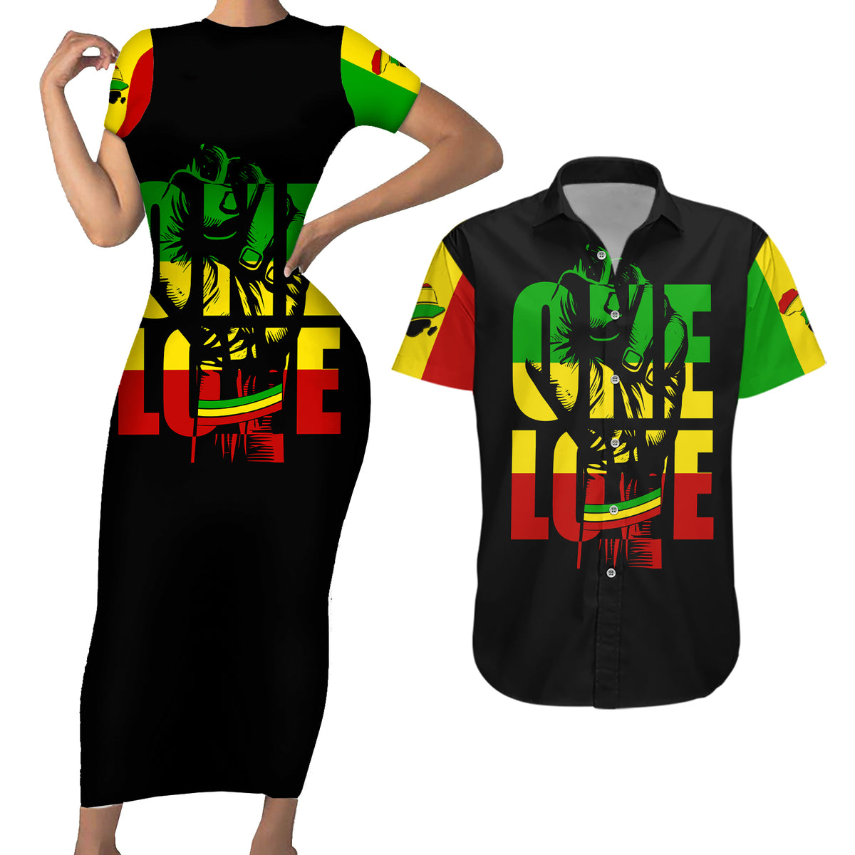 Reggae One Love Couples Matching Short Sleeve Bodycon Dress and Hawaiian Shirt African - Shopicos