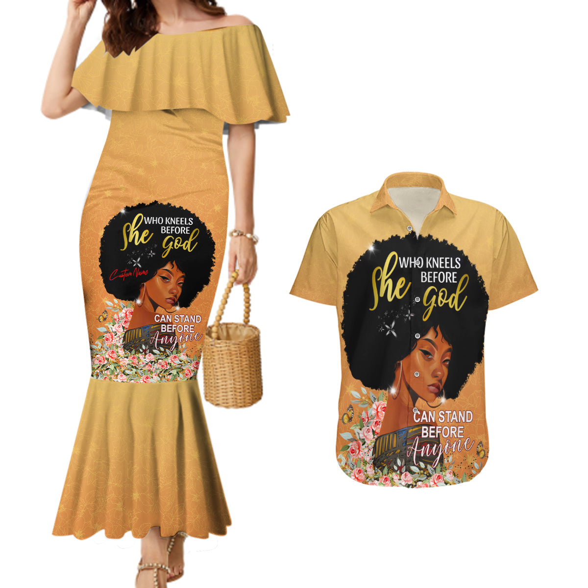 Personalized African Black Women Couples Matching Mermaid Dress and Hawaiian Shirt She Who Kneels Before God - Shopicos