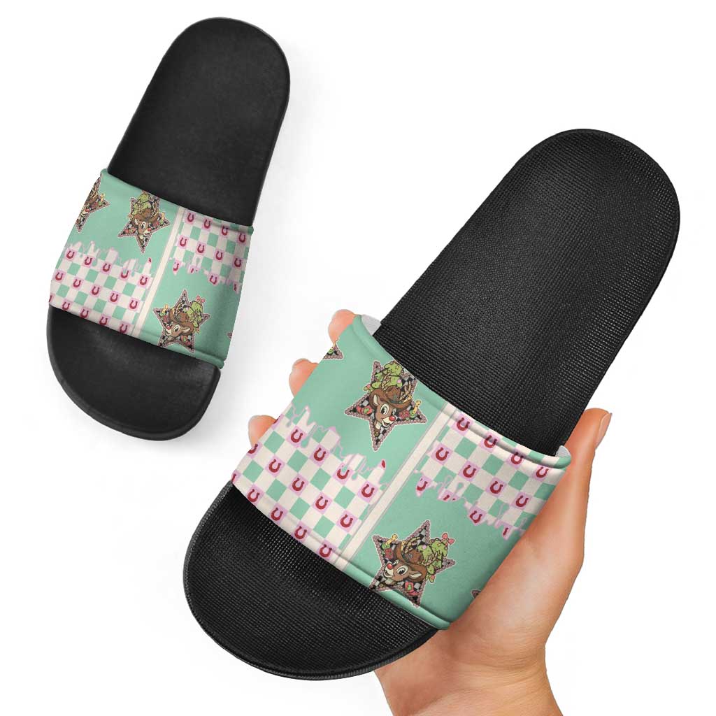 Western Yoke Slide Sandals Rudolph Cowboy Christmas Retro Style - Shopicos
