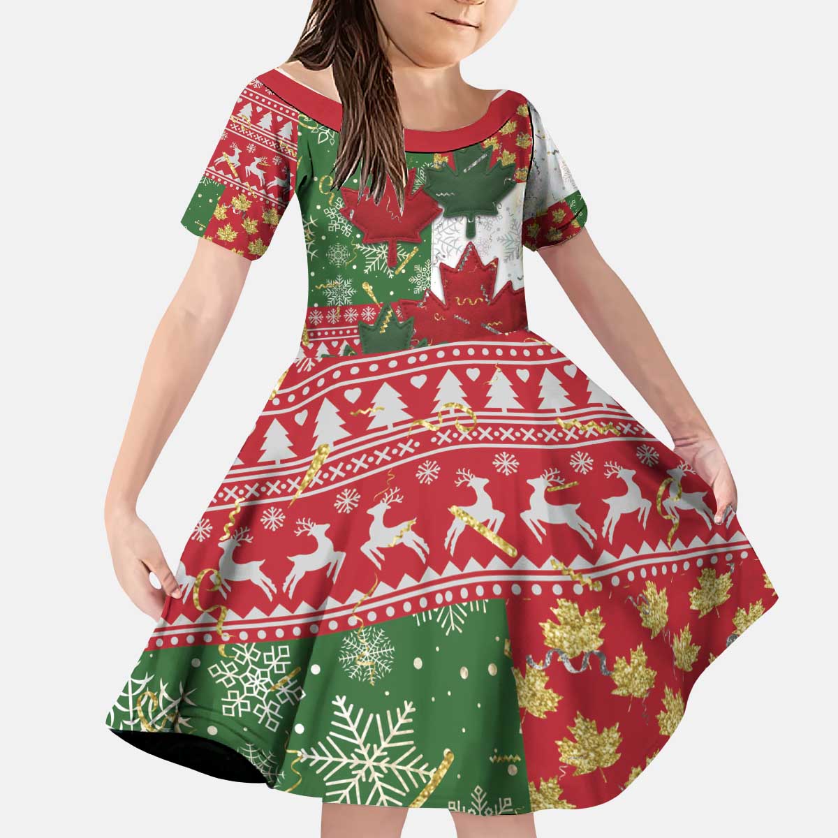 Canada Christmas Kid Short Sleeve Dress Maple Leaves Patchwork Style - Shopicos