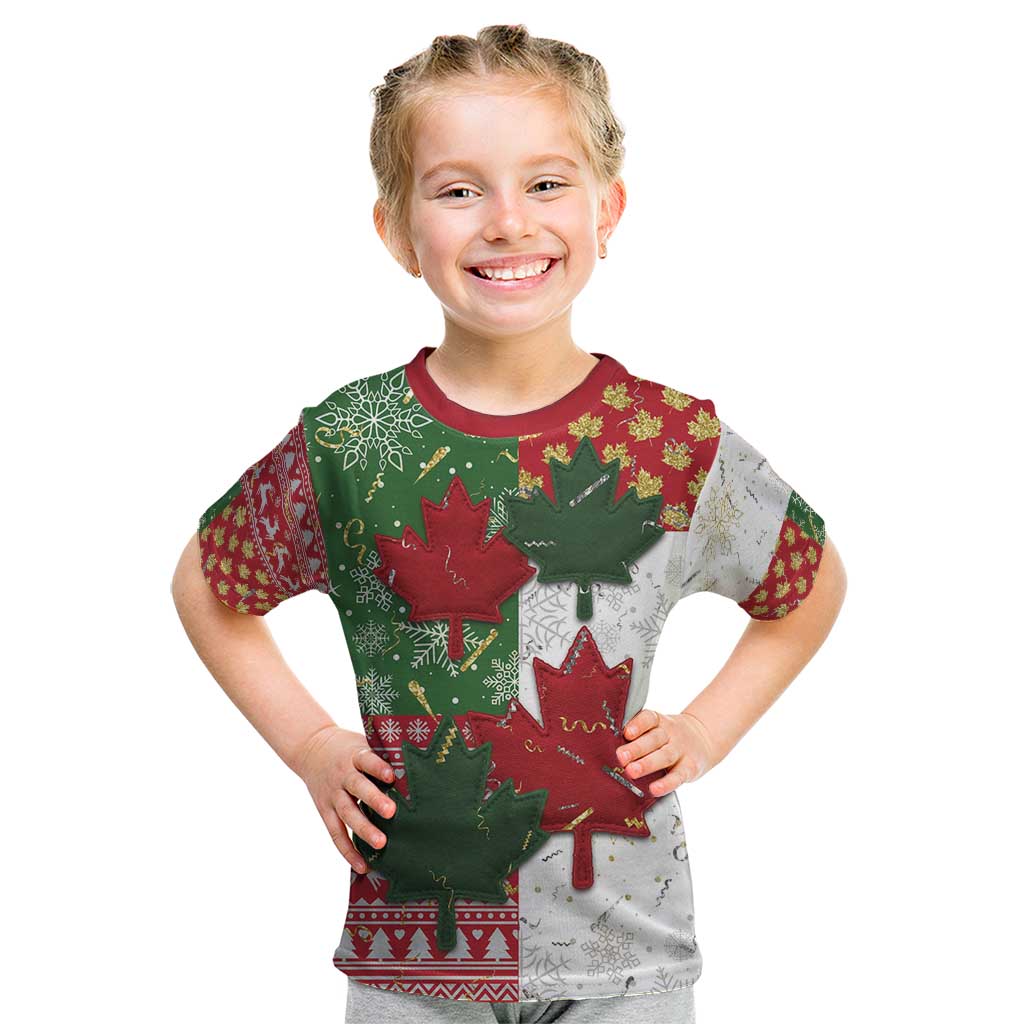 Canada Christmas Kid T Shirt Maple Leaves Patchwork Style - Shopicos