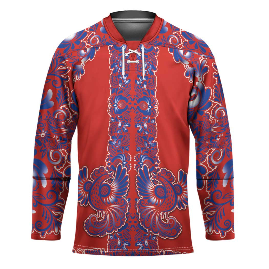 Red Russian National Costume Hockey Jersey Rooster Motifs Traditional Folk Pattern - Shopicos