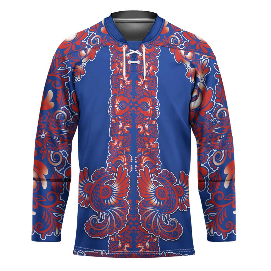 Blue Russian National Costume Hockey Jersey Rooster Motifs Traditional Folk Pattern - Shopicos