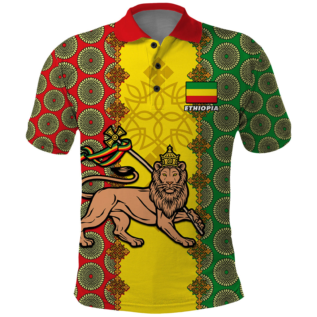 Personalised Ethiopia Polo Shirt Ethiopian Lion Of Judah With African Pattern - Shopicos