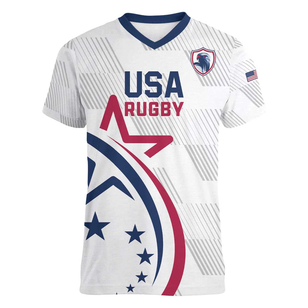 USA 2024 Rugby Women V-Neck T-Shirt Soar Like an Eagle White Version - Shopicos