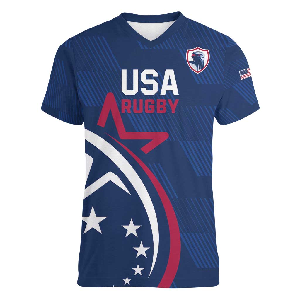 USA 2024 Rugby Women V-Neck T-Shirt Soar Like an Eagle Blue Version - Shopicos