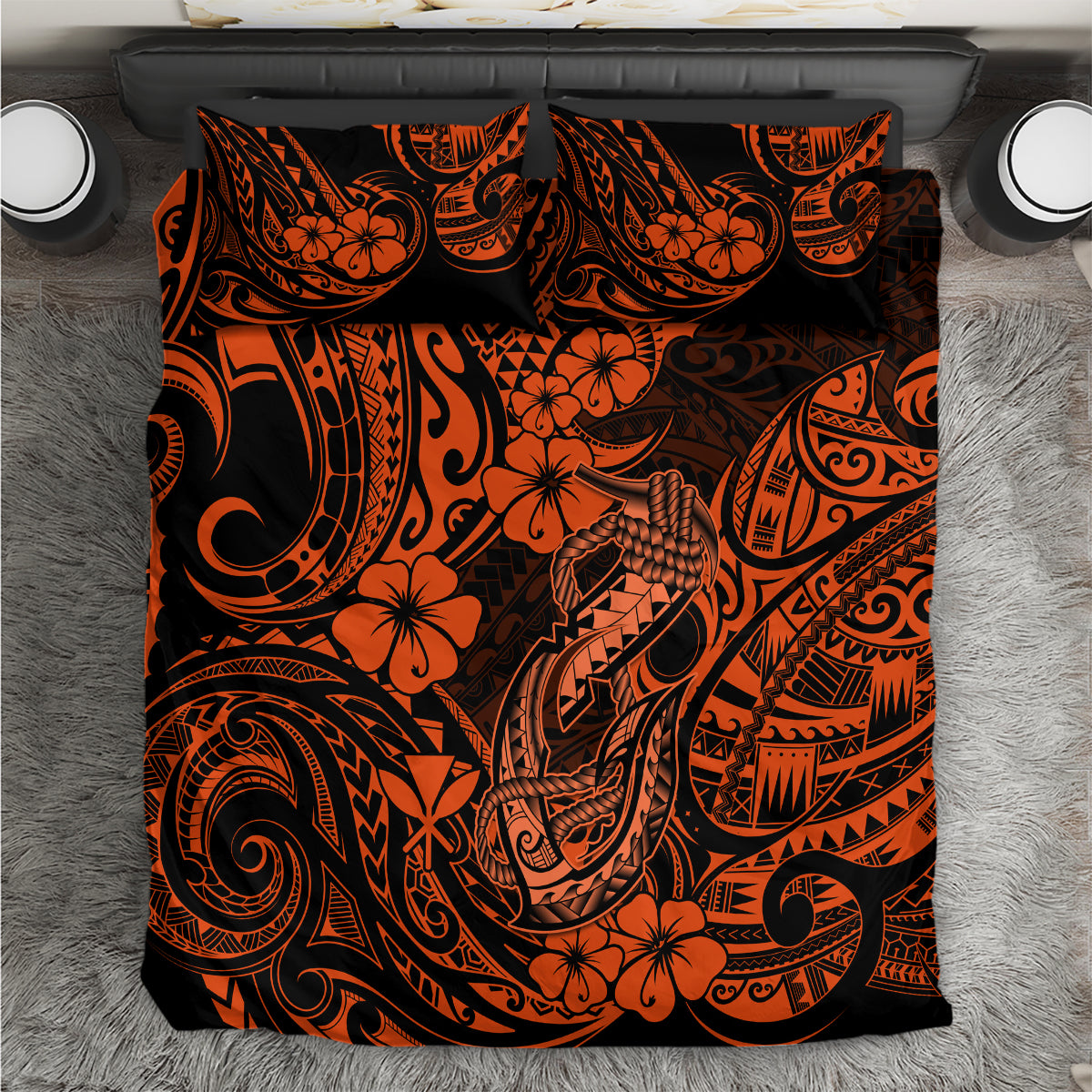 Hawaii Fish Hook Bedding Set Polynesian Pattern Orange Version - Shopicos