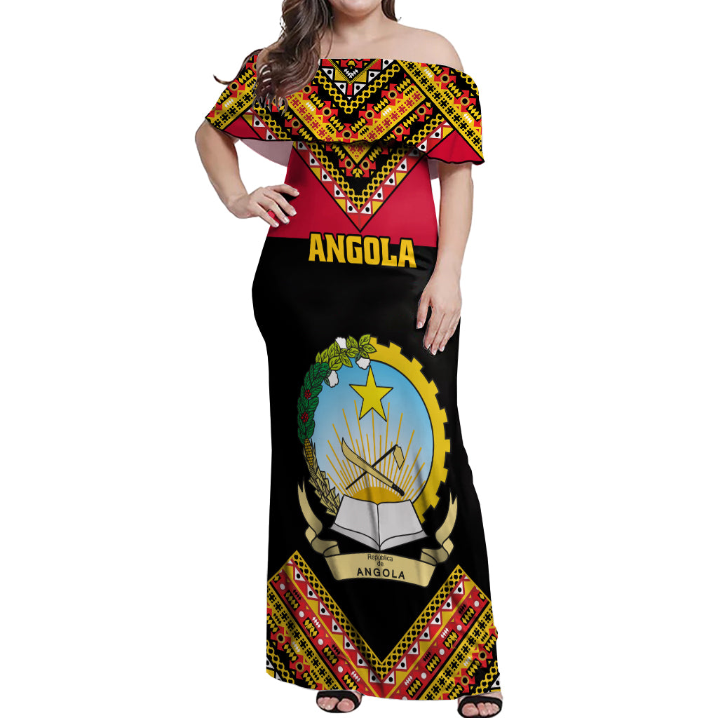 Angola Independence Day Off Shoulder Maxi Dress Coat Of Arms Samakaka Pattern - Shopicos