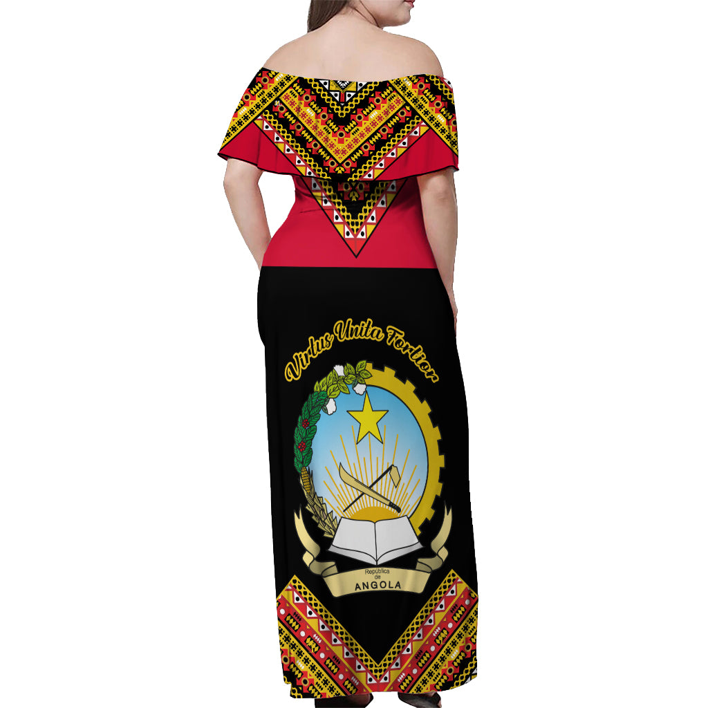 Angola Independence Day Off Shoulder Maxi Dress Coat Of Arms Samakaka Pattern - Shopicos