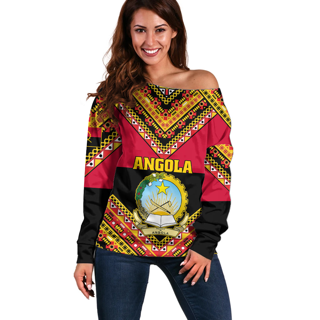 Angola Independence Day Off Shoulder Sweater Coat Of Arms Samakaka Pattern - Shopicos