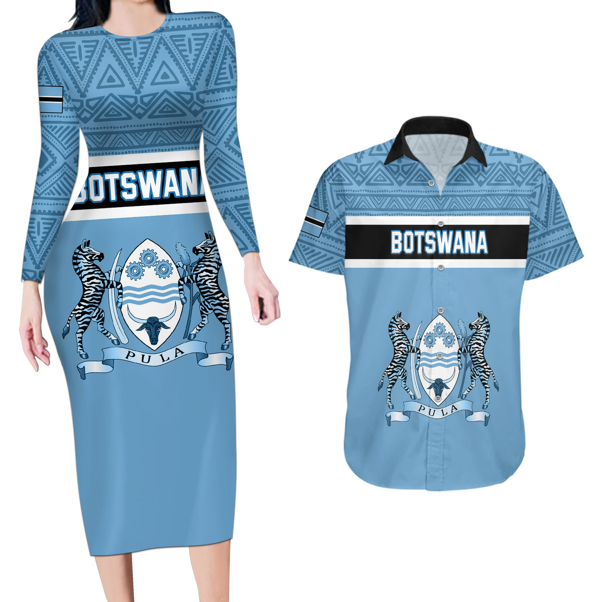 Botswana Couples Matching Long Sleeve Bodycon Dress and Hawaiian Shirt Tswana Pula African Pattern - Shopicos