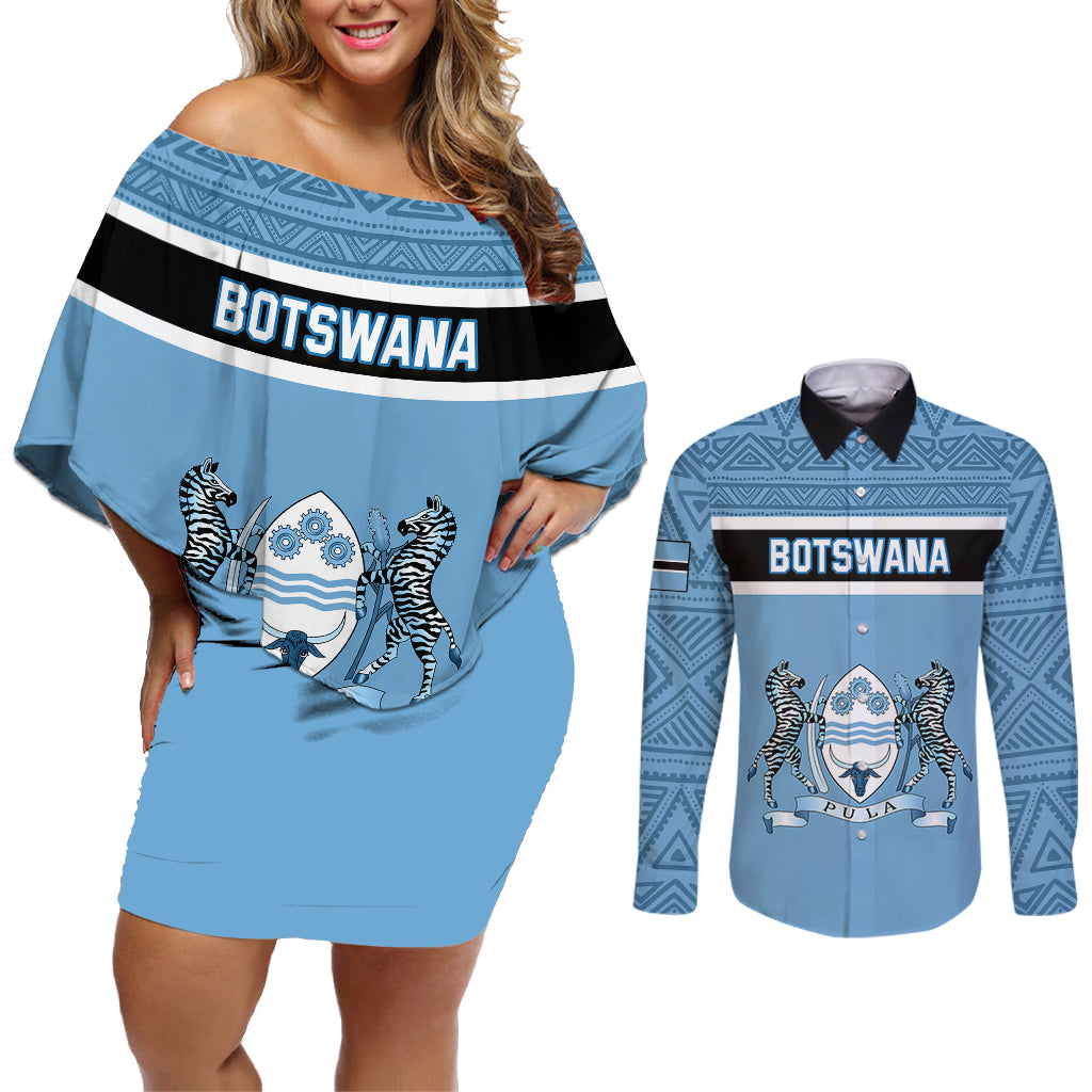 Botswana Couples Matching Off Shoulder Short Dress and Long Sleeve Button Shirts Tswana Pula African Pattern - Shopicos