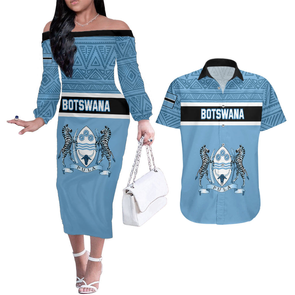 Botswana Couples Matching Off The Shoulder Long Sleeve Dress and Hawaiian Shirt Tswana Pula African Pattern - Shopicos