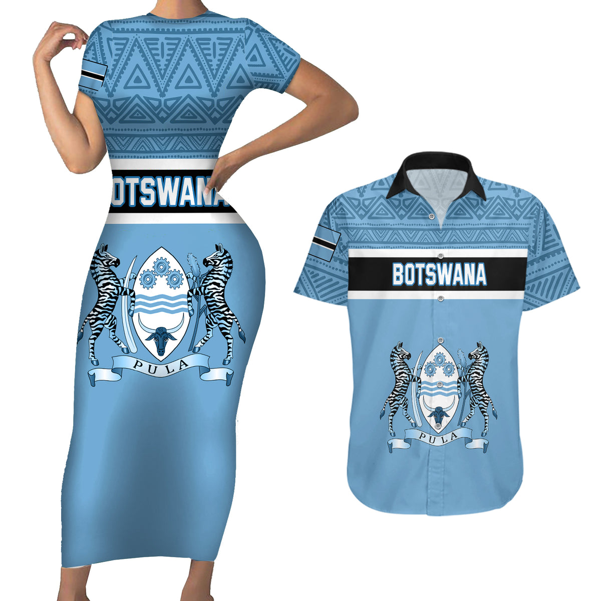 Botswana Couples Matching Short Sleeve Bodycon Dress and Hawaiian Shirt Tswana Pula African Pattern - Shopicos