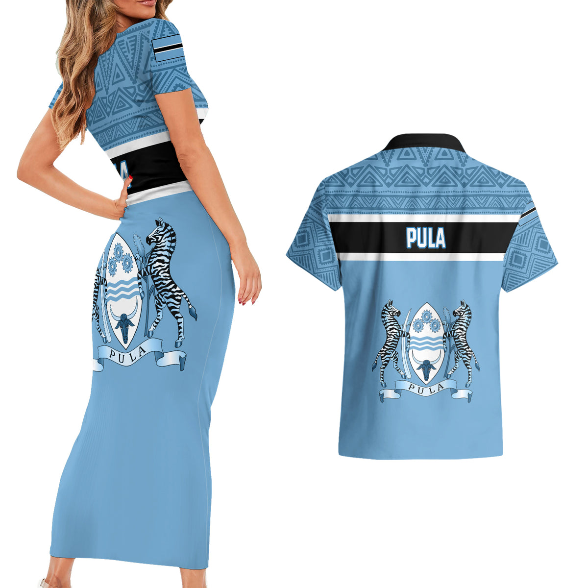 Botswana Couples Matching Short Sleeve Bodycon Dress and Hawaiian Shirt Tswana Pula African Pattern - Shopicos