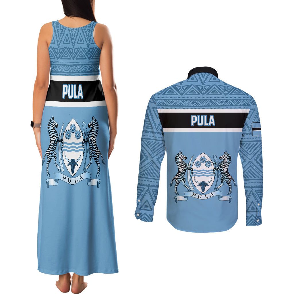 Botswana Couples Matching Tank Maxi Dress and Long Sleeve Button Shirts Tswana Pula African Pattern - Shopicos