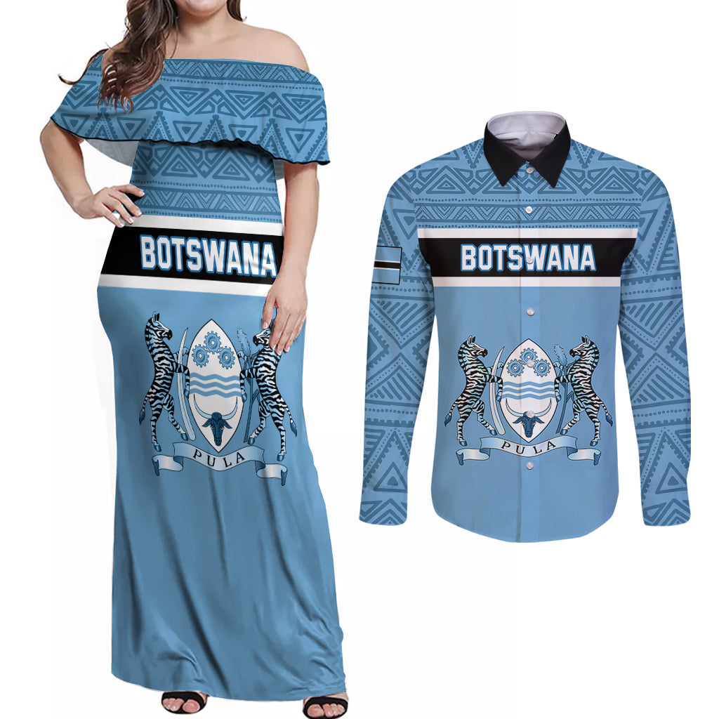 Personalised Botswana Couples Matching Off Shoulder Maxi Dress and Long Sleeve Button Shirts Tswana Pula African Pattern - Shopicos