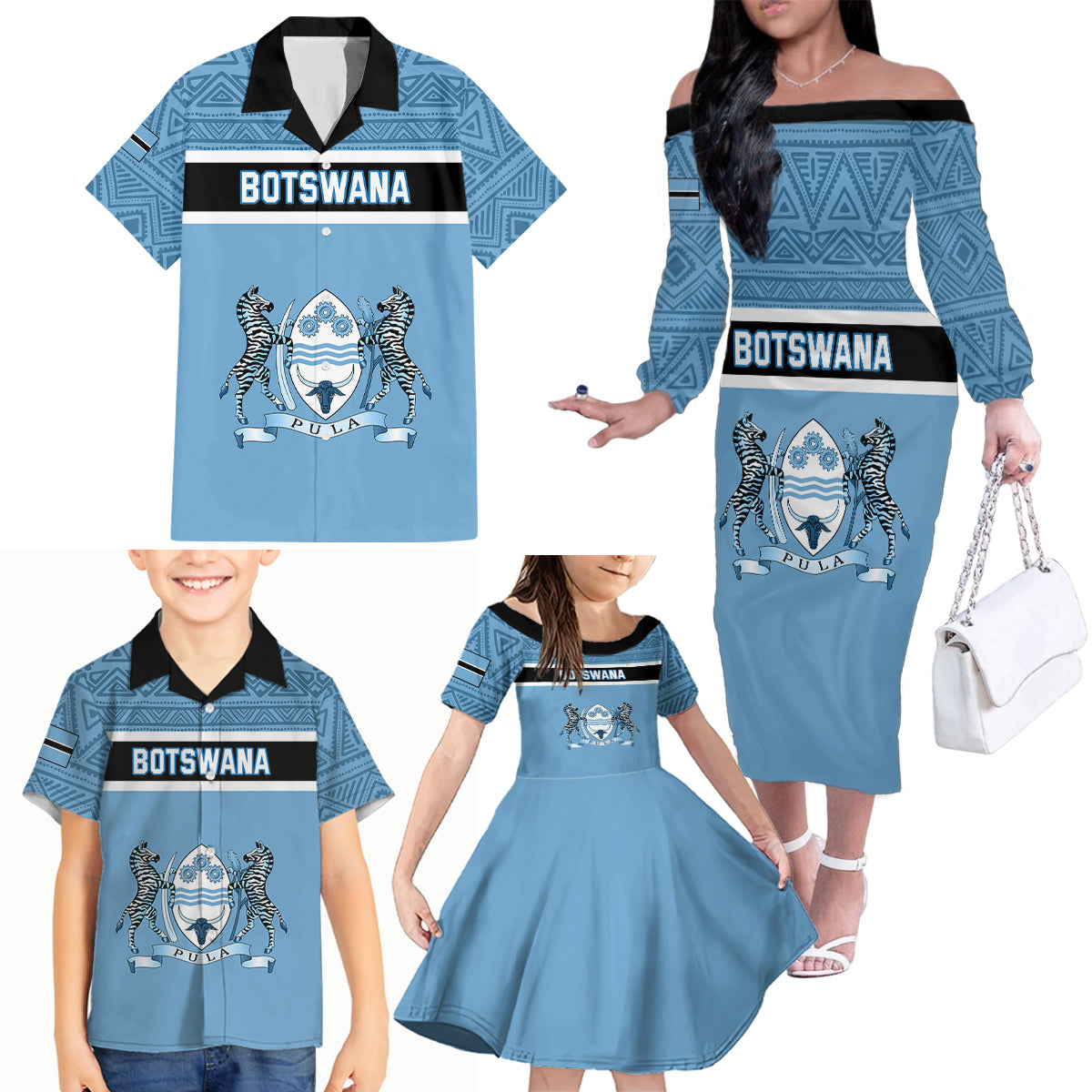 Personalised Botswana Family Matching Off Shoulder Long Sleeve Dress and Hawaiian Shirt Tswana Pula African Pattern - Shopicos