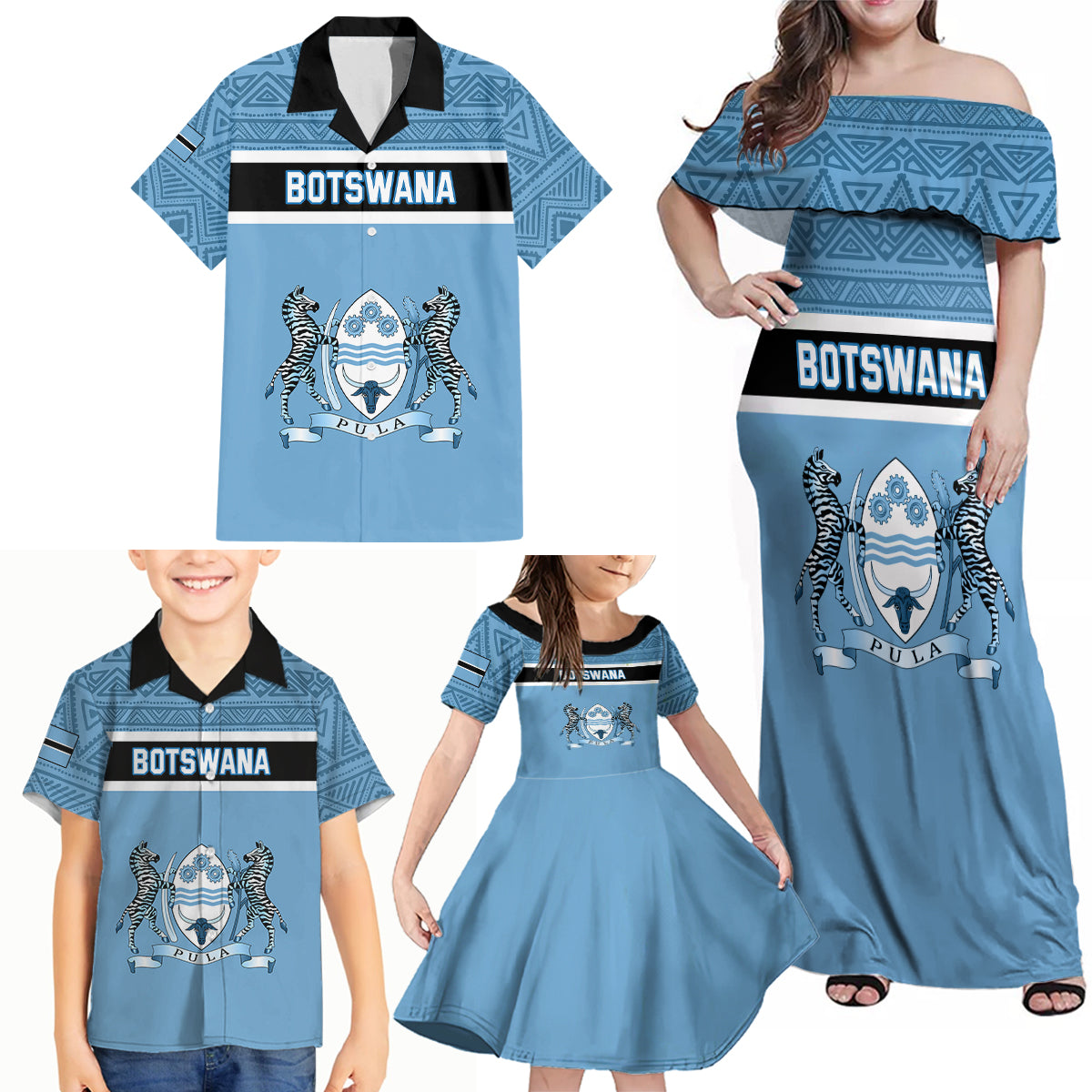 Personalised Botswana Family Matching Off Shoulder Maxi Dress and Hawaiian Shirt Tswana Pula African Pattern - Shopicos