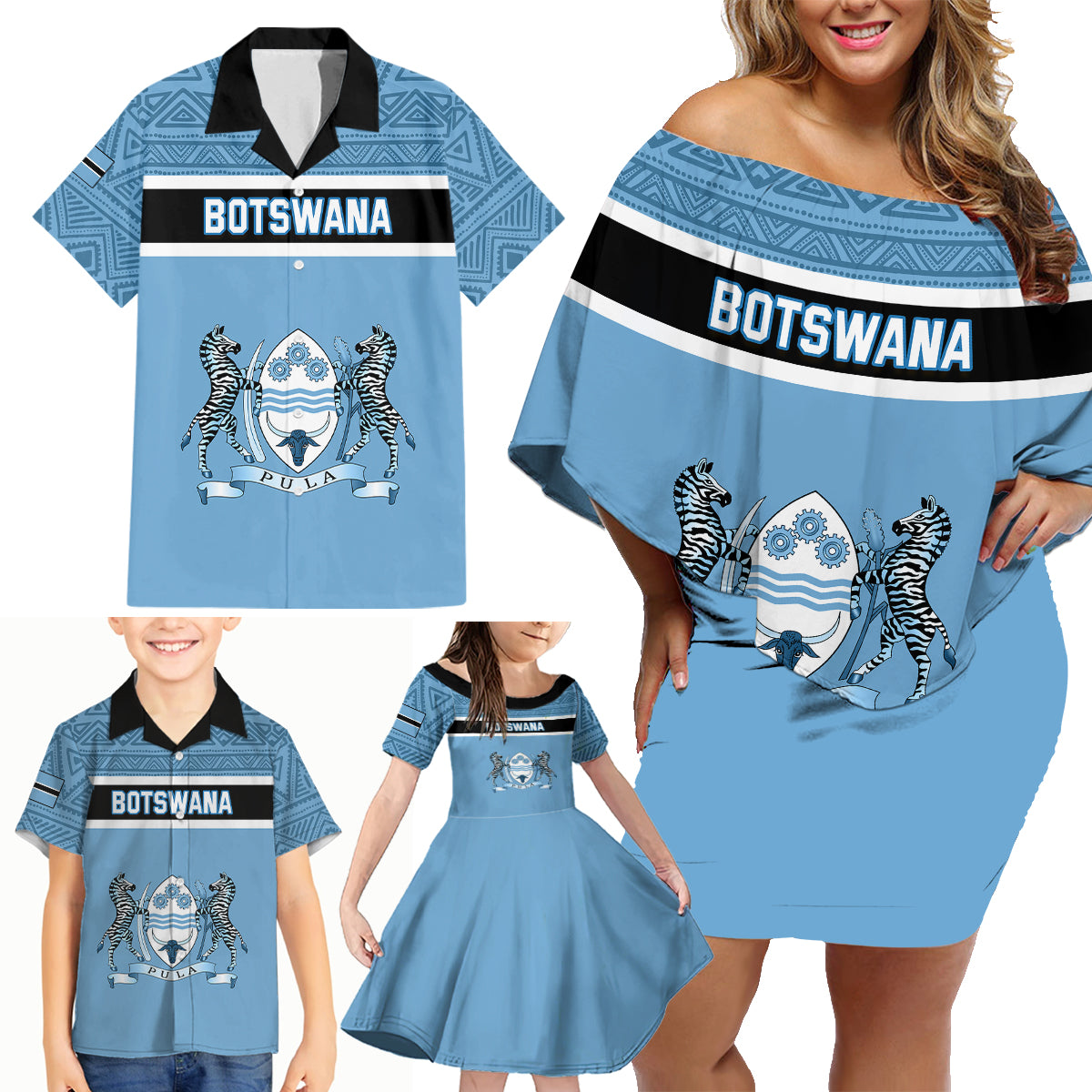 Personalised Botswana Family Matching Off Shoulder Short Dress and Hawaiian Shirt Tswana Pula African Pattern - Shopicos