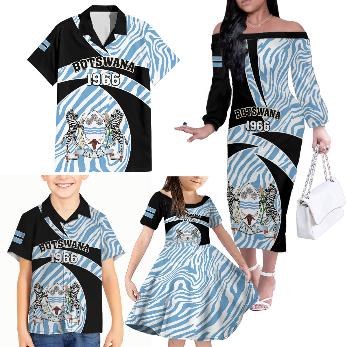 Botswana Independence Day Family Matching Off Shoulder Long Sleeve Dress and Hawaiian Shirt Lefatshe la Botswana Zebra Pattern - Shopicos