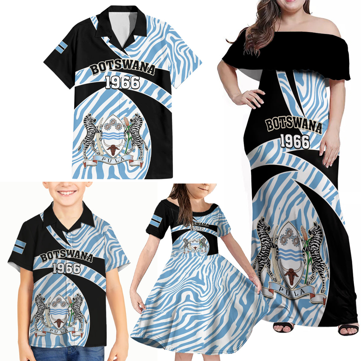 Botswana Independence Day Family Matching Off Shoulder Maxi Dress and Hawaiian Shirt Lefatshe la Botswana Zebra Pattern - Shopicos