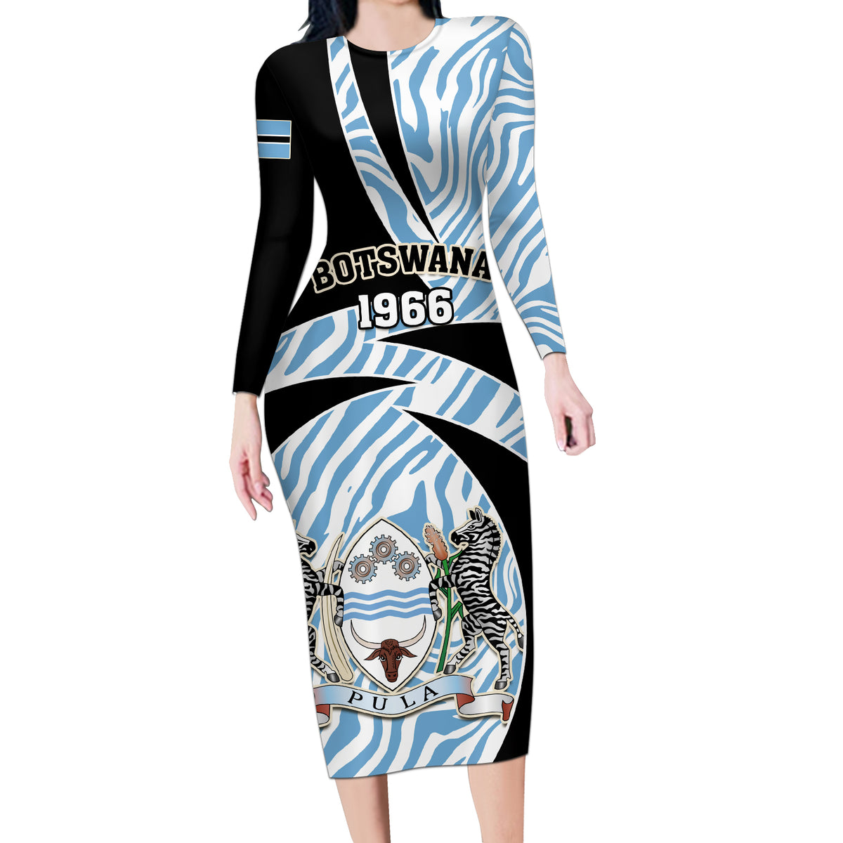Botswana Independence Day Long Sleeve Bodycon Dress Lefatshe la Botswana Zebra Pattern - Shopicos