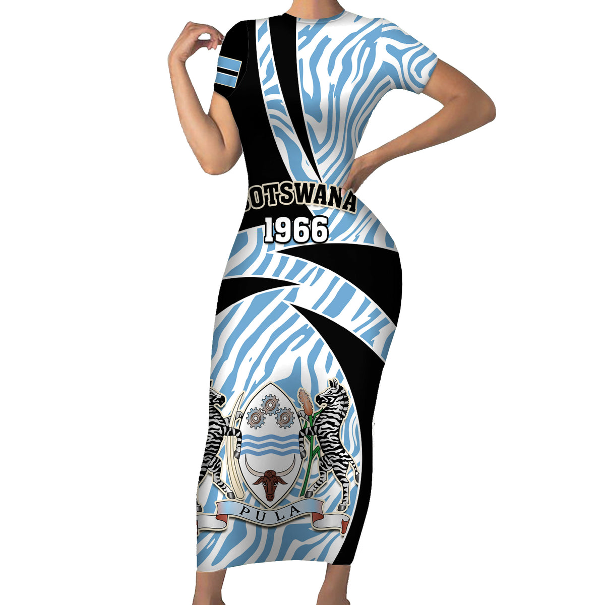 Botswana Independence Day Short Sleeve Bodycon Dress Lefatshe la Botswana Zebra Pattern - Shopicos