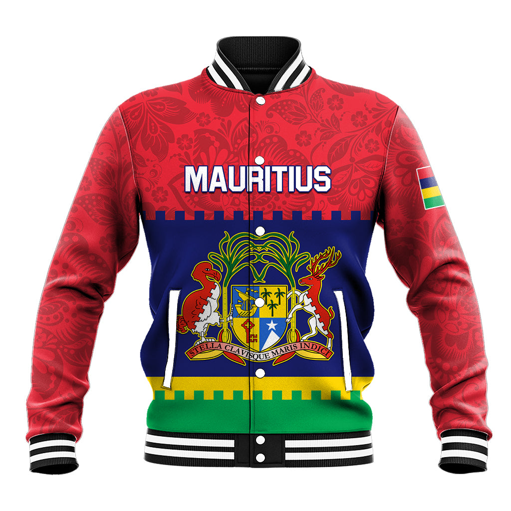Mauritius Independence Day Baseball Jacket Stella Clavisque Maris Indici Foral Pattern - Shopicos