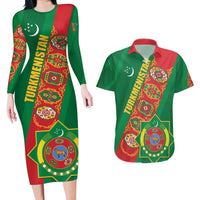 Turkmenistan Flag Day Couples Matching Long Sleeve Bodycon Dress and Hawaiian Shirt Turkmenistan Bitaraplygyn watanydyr - Shopicos