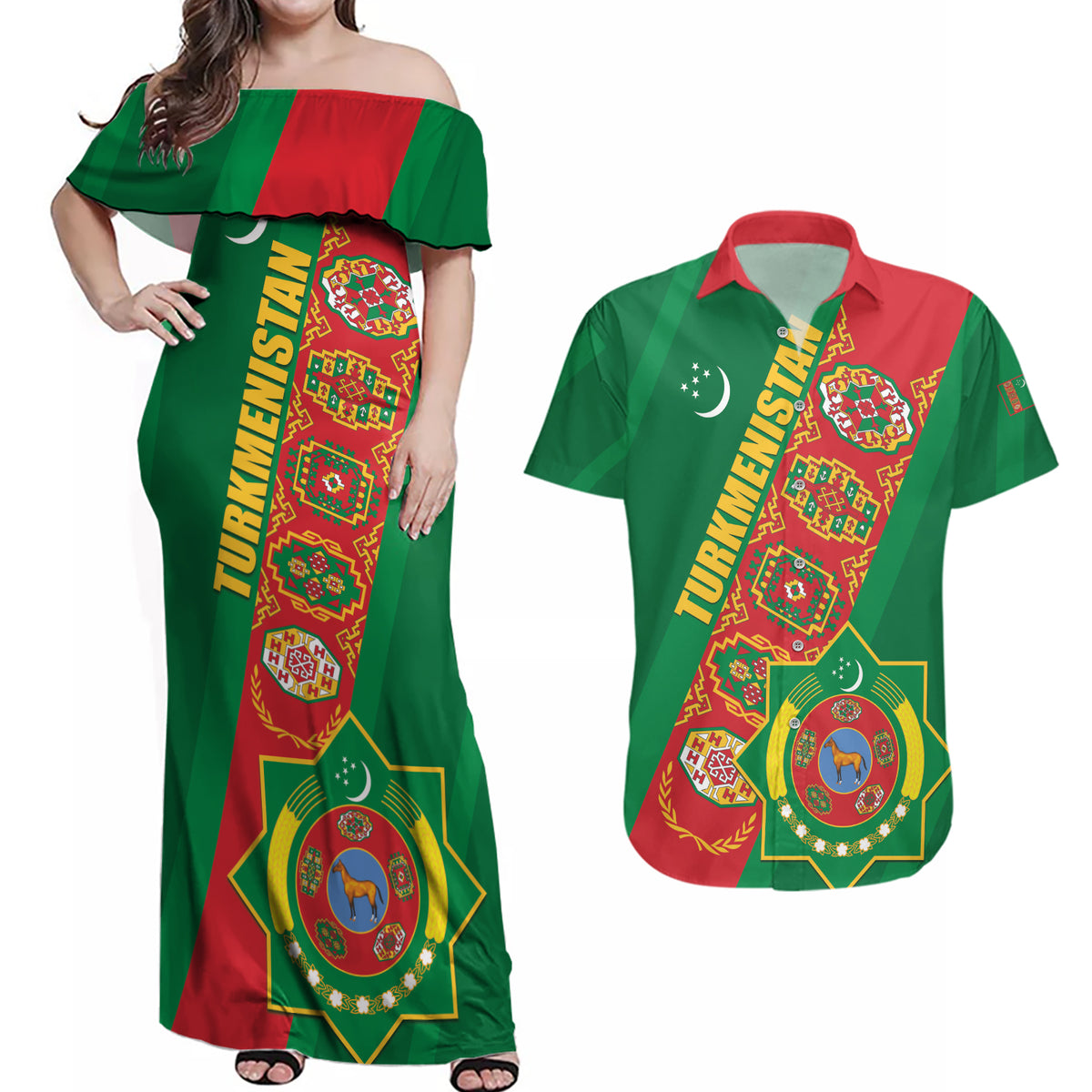 Turkmenistan Flag Day Couples Matching Off Shoulder Maxi Dress and Hawaiian Shirt Turkmenistan Bitaraplygyn watanydyr - Shopicos