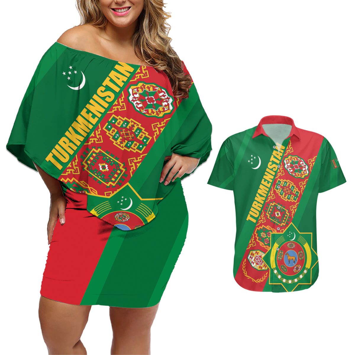 Turkmenistan Flag Day Couples Matching Off Shoulder Short Dress and Hawaiian Shirt Turkmenistan Bitaraplygyn watanydyr - Shopicos